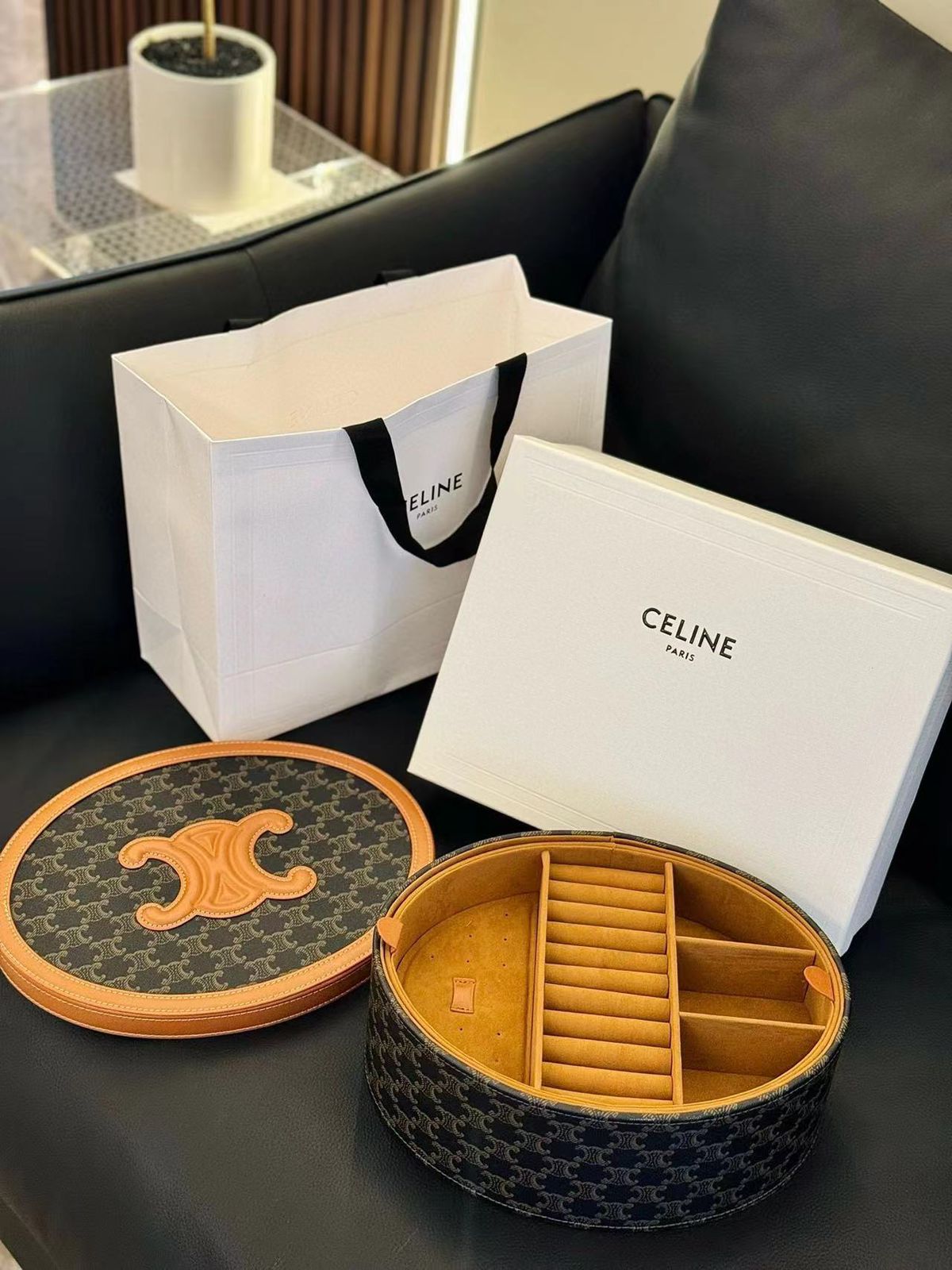 Celine Brown Circular Empty Jewelry Accessory Gift Box Storage